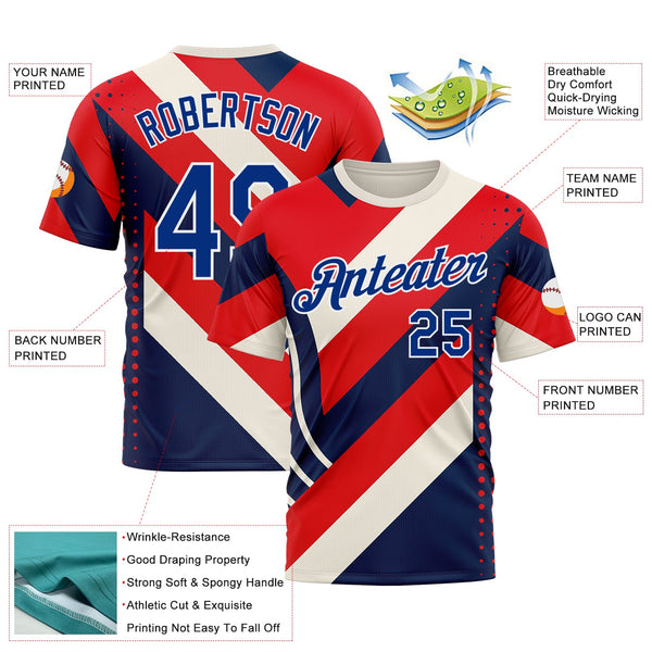 Custom Cream Royal Red Blue-White 3D Pattern Design USA Inspired America Sportswear Performance T-Shirt alternate