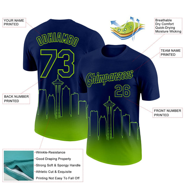 Custom Navy Neon Green 3D Seattle City Edition Fade Fashion Performance T-Shirt alternate