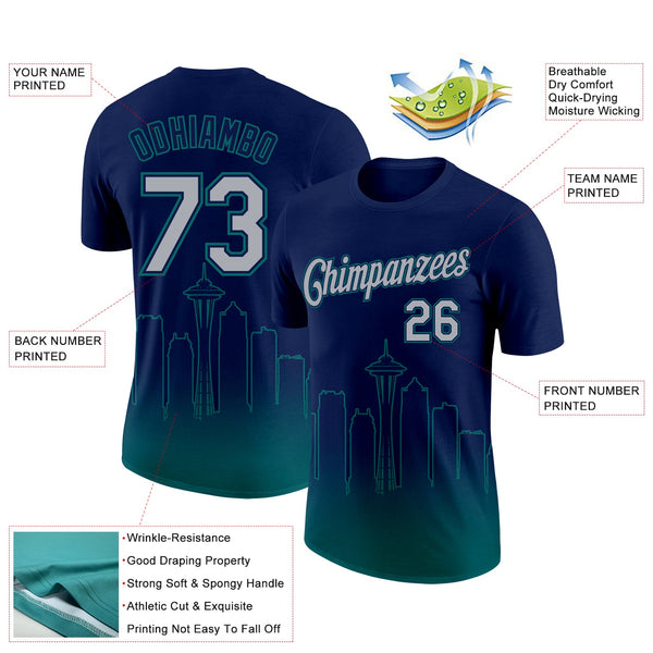 Custom Navy Gray-Teal 3D Seattle City Edition Fade Fashion Performance T-Shirt alternate