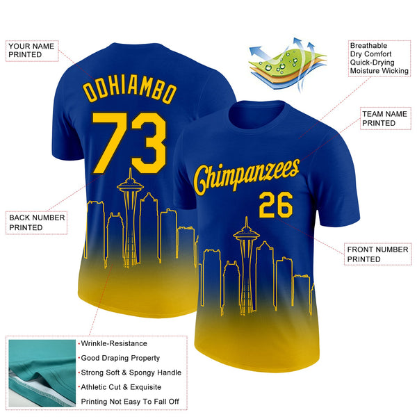 Custom Royal Yellow-Black 3D Seattle City Edition Fade Fashion Performance T-Shirt alternate