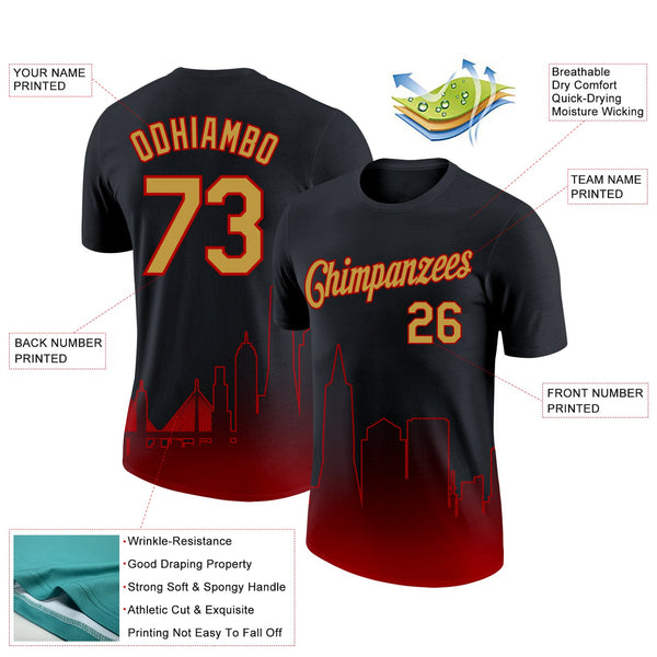 Custom Black Old Gold-Red 3D San Francisco City Edition Fade Fashion Performance T-Shirt alternate