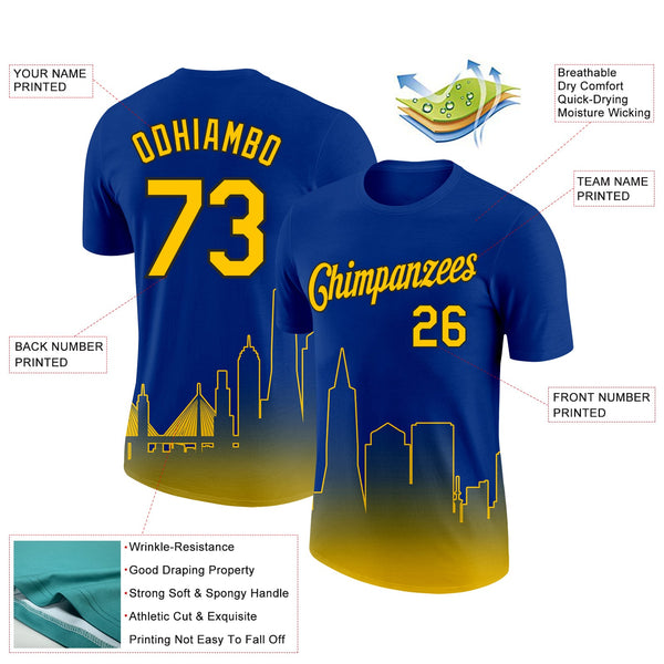 Custom Royal Yellow-Black 3D San Francisco City Edition Fade Fashion Performance T-Shirt alternate