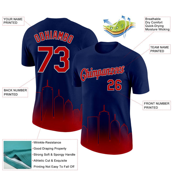 Custom Navy Red-Gray 3D Boston City Edition Fade Fashion Performance T-Shirt alternate