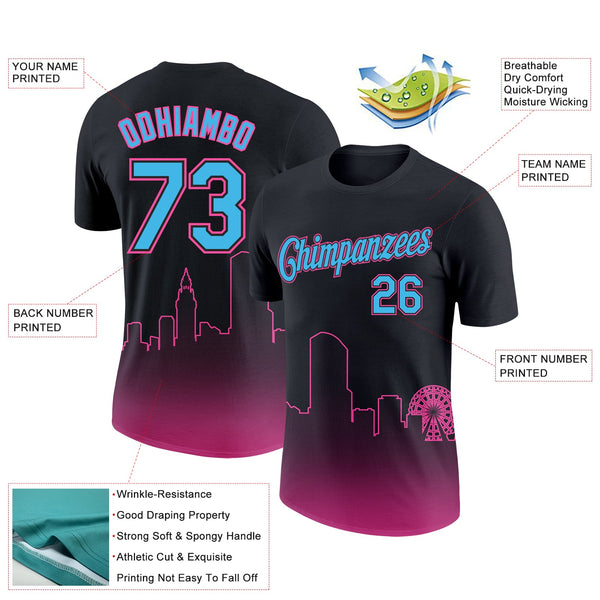 Custom Black Sky Blue-Pink 3D Miami City Edition Fade Fashion Performance T-Shirt alternate