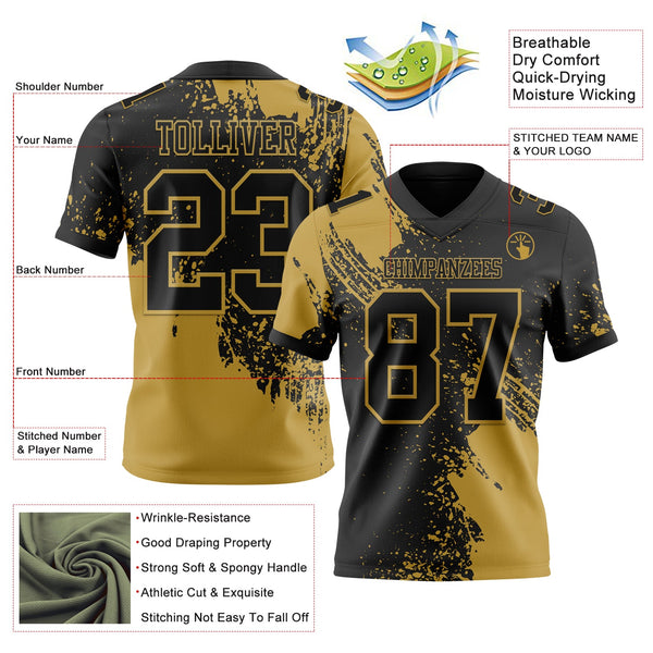 Custom Black Old Gold 3D Pattern Abstract Brush Stroke Authentic Football Jersey alternate