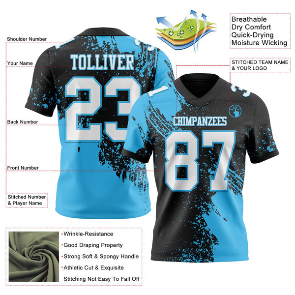 Custom Black White-Sky Blue 3D Pattern Abstract Brush Stroke Authentic Football Jersey alternate
