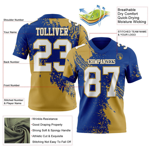 Custom Royal White-Old Gold 3D Pattern Abstract Brush Stroke Authentic Football Jersey alternate