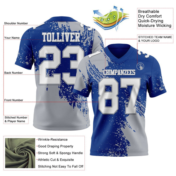 Custom Royal White-Gray 3D Pattern Abstract Brush Stroke Authentic Football Jersey alternate