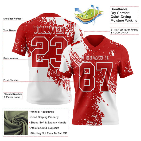 Custom Red White 3D Pattern Abstract Brush Stroke Authentic Football Jersey alternate