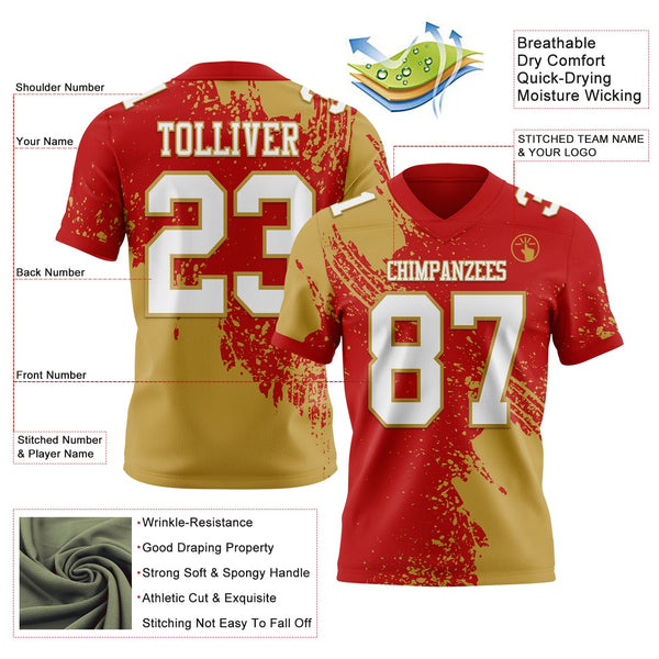 Custom Red White-Old Gold 3D Pattern Abstract Brush Stroke Authentic Football Jersey alternate