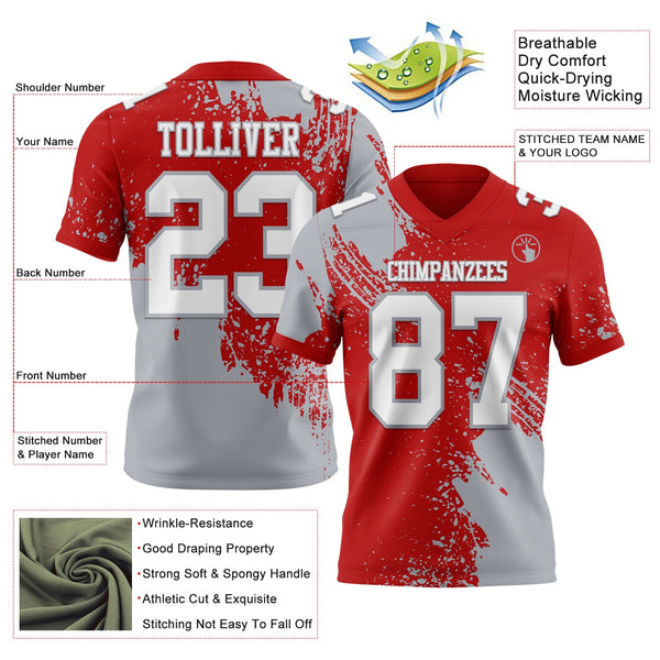 Custom Red White-Gray 3D Pattern Abstract Brush Stroke Authentic Football Jersey alternate