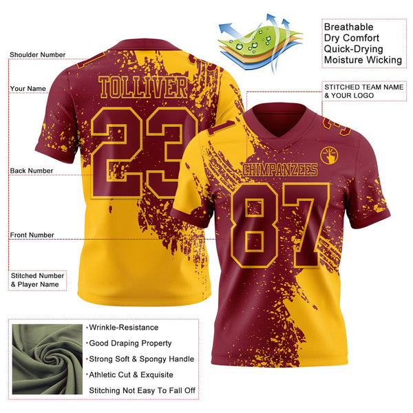 Custom Crimson Gold 3D Pattern Abstract Brush Stroke Authentic Football Jersey alternate