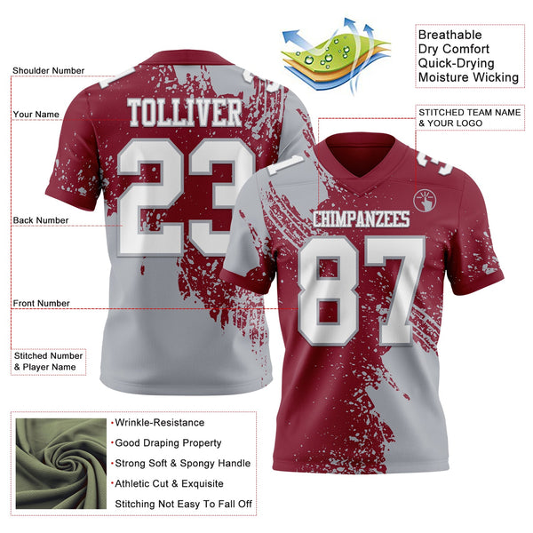 Custom Crimson White-Gray 3D Pattern Abstract Brush Stroke Authentic Football Jersey alternate