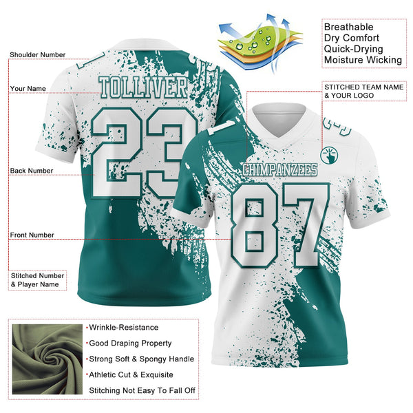 Custom White Teal 3D Pattern Abstract Brush Stroke Authentic Football Jersey alternate