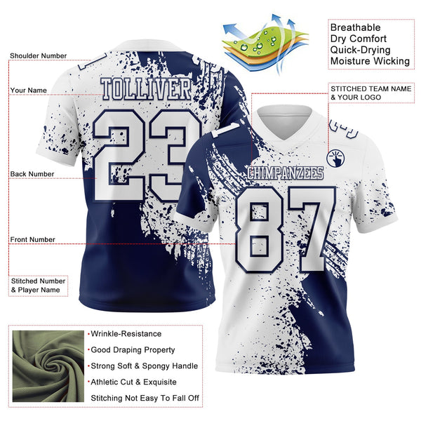 Custom White Navy 3D Pattern Abstract Brush Stroke Authentic Football Jersey alternate