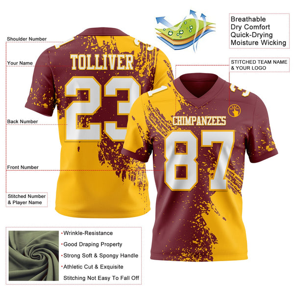 Custom Burgundy White-Gold 3D Pattern Abstract Brush Stroke Authentic Football Jersey alternate