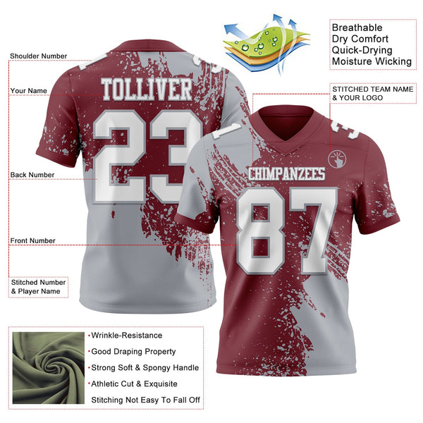 Custom Burgundy White-Gray 3D Pattern Abstract Brush Stroke Authentic Football Jersey alternate