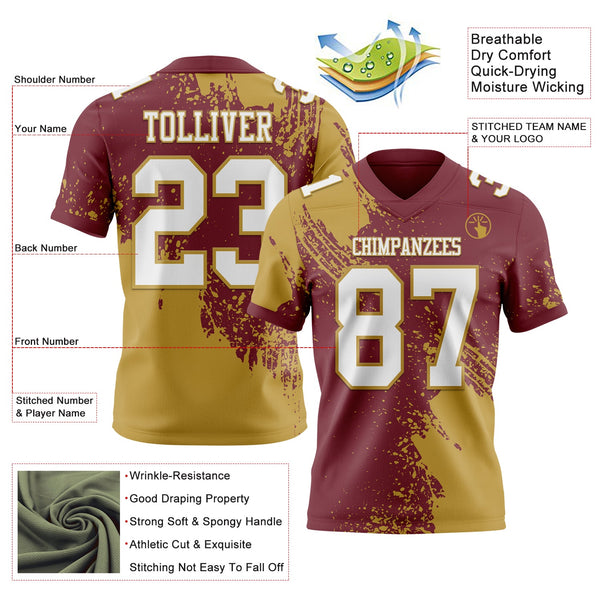 Custom Burgundy White-Old Gold 3D Pattern Abstract Brush Stroke Authentic Football Jersey alternate