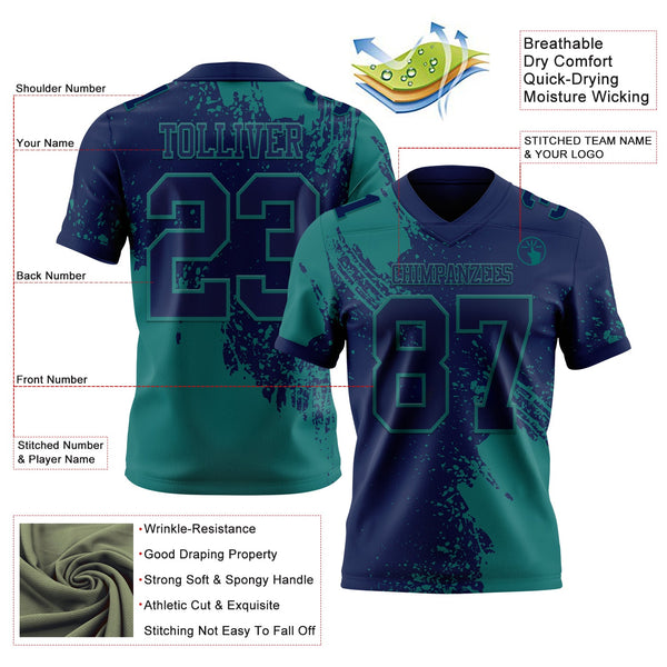Custom Navy Teal 3D Pattern Abstract Brush Stroke Authentic Football Jersey alternate