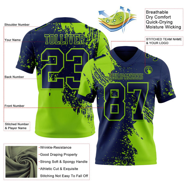 Custom Navy Neon Green 3D Pattern Abstract Brush Stroke Authentic Football Jersey alternate