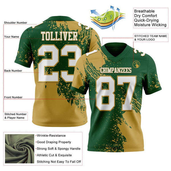 Custom Green White-Old Gold 3D Pattern Abstract Brush Stroke Authentic Football Jersey alternate