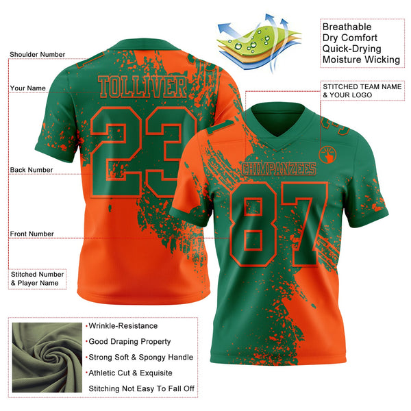 Custom Kelly Green Orange 3D Pattern Abstract Brush Stroke Authentic Football Jersey alternate