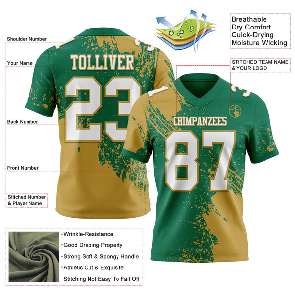 Custom Kelly Green White-Old Gold 3D Pattern Abstract Brush Stroke Authentic Football Jersey alternate