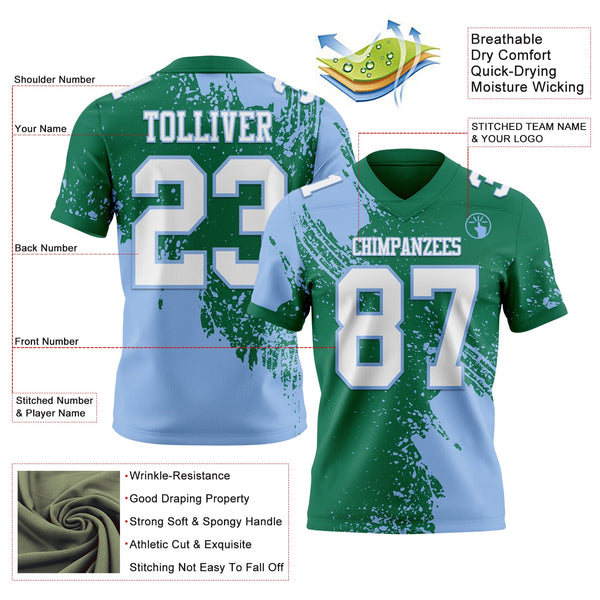 Custom Kelly Green White-Light Blue 3D Pattern Abstract Brush Stroke Authentic Football Jersey alternate