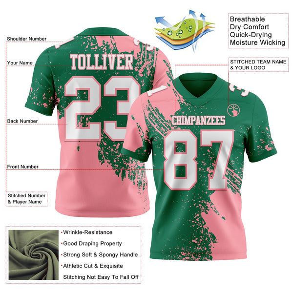 Custom Kelly Green White-Medium Pink 3D Pattern Abstract Brush Stroke Authentic Football Jersey alternate