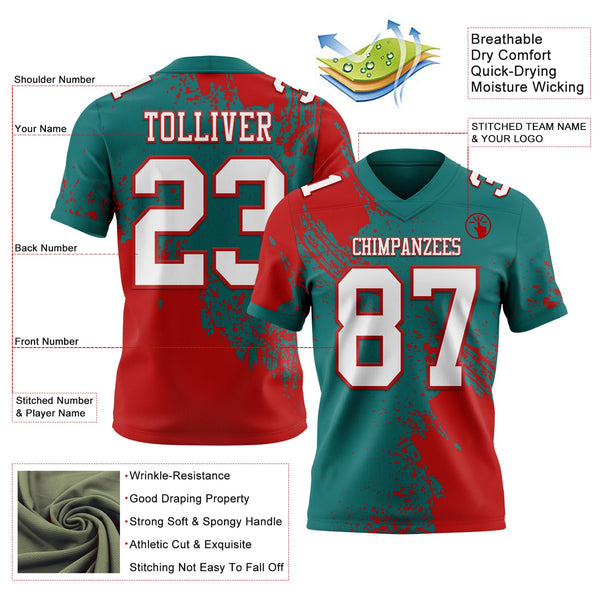 Custom Teal White-Red 3D Pattern Abstract Brush Stroke Authentic Football Jersey alternate