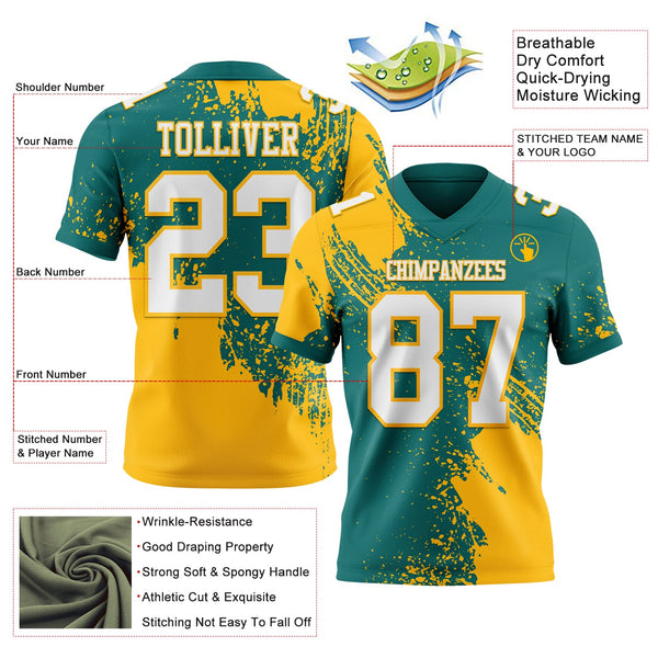 Custom Teal White-Gold 3D Pattern Abstract Brush Stroke Authentic Football Jersey alternate