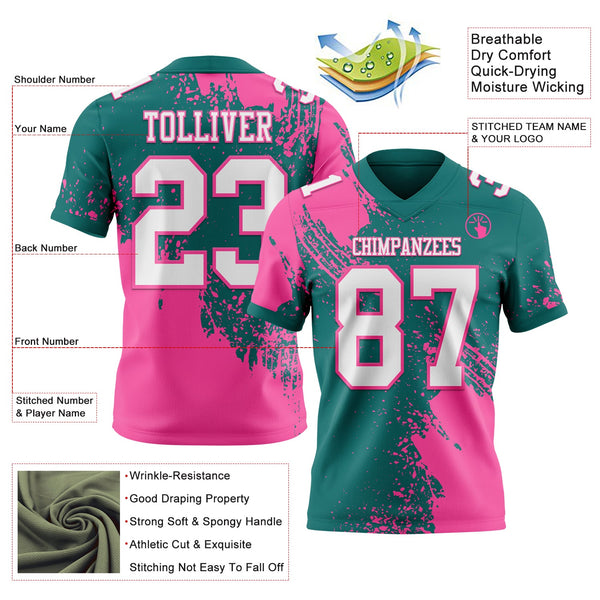Custom Teal White-Pink 3D Pattern Abstract Brush Stroke Authentic Football Jersey alternate