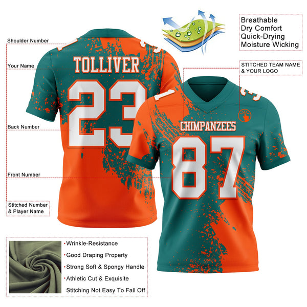 Custom Teal White-Orange 3D Pattern Abstract Brush Stroke Authentic Football Jersey alternate