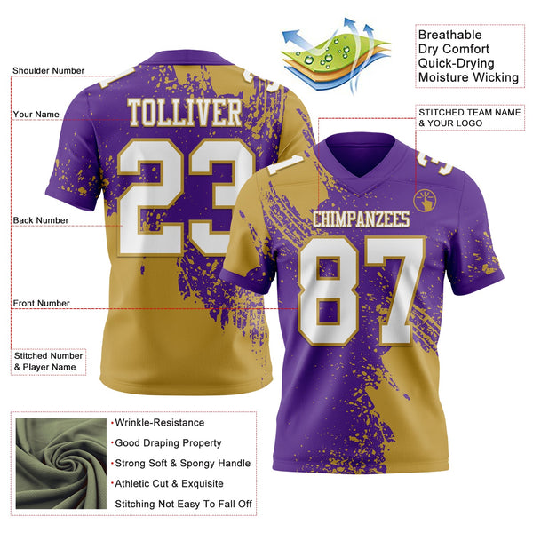Custom Purple White-Old Gold 3D Pattern Abstract Brush Stroke Authentic Football Jersey alternate