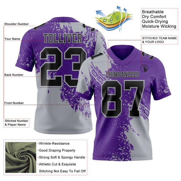 Custom Purple Black-Gray 3D Pattern Abstract Brush Stroke Authentic Football Jersey alternate