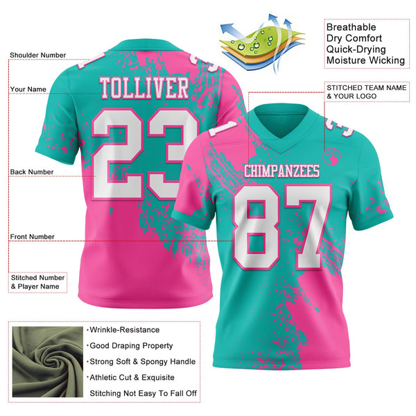 Custom Aqua White-Pink 3D Pattern Abstract Brush Stroke Authentic Football Jersey alternate
