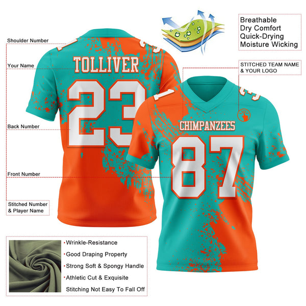Custom Aqua White-Orange 3D Pattern Abstract Brush Stroke Authentic Football Jersey alternate