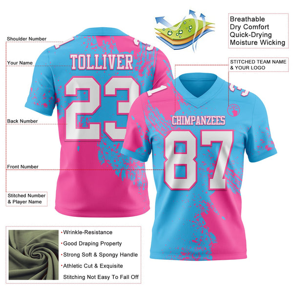 Custom Sky Blue White-Pink 3D Pattern Abstract Brush Stroke Authentic Football Jersey alternate