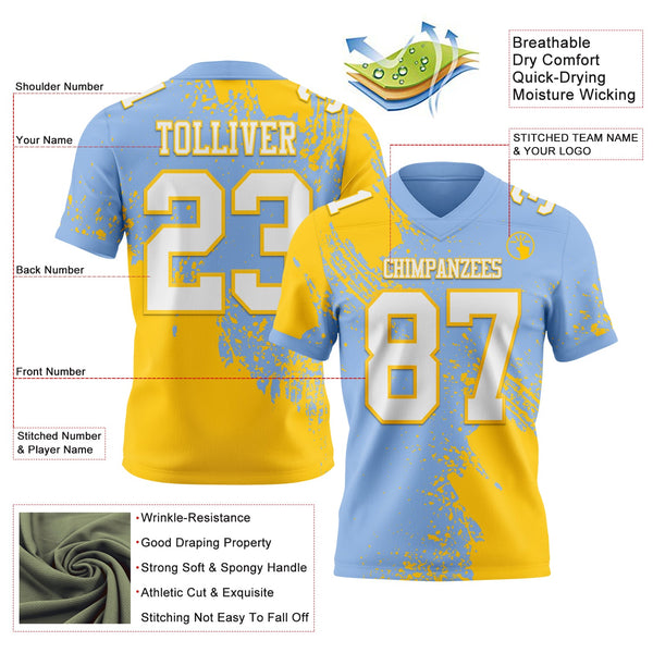 Custom Light Blue White-Yellow 3D Pattern Abstract Brush Stroke Authentic Football Jersey alternate
