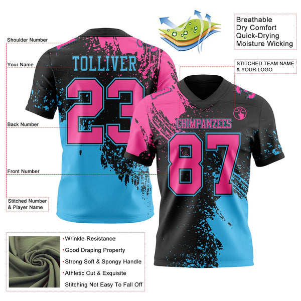 Custom Black Pink-Sky Blue 3D Pattern Abstract Brush Stroke Authentic Football Jersey alternate
