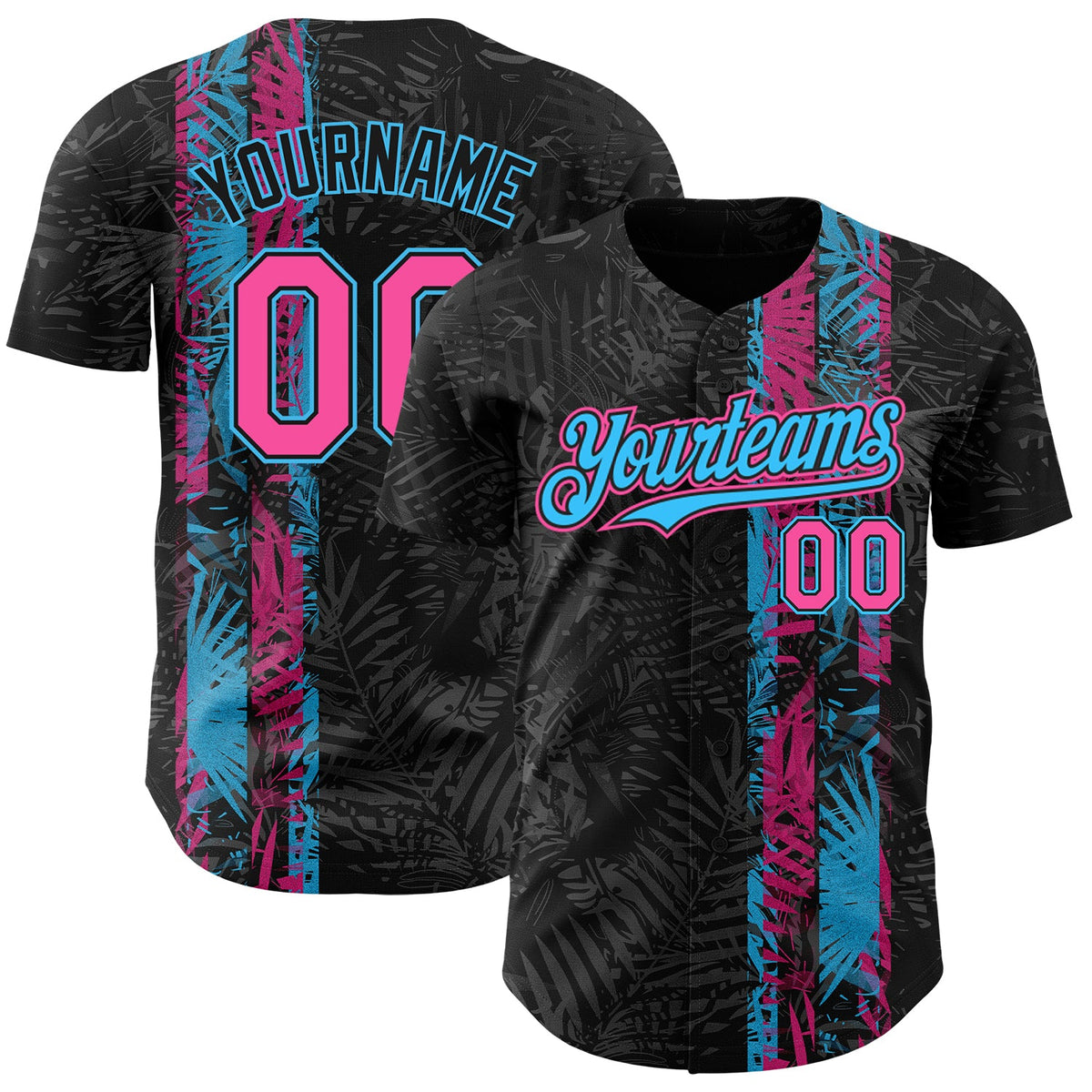 Custom Black Pink-Sky Blue Hawaii Tropical Palm Leaves Authentic Baseball Jersey