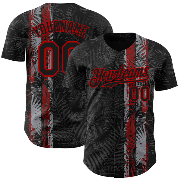 Custom Black Red Hawaii Tropical Palm Leaves Authentic Baseball Jersey