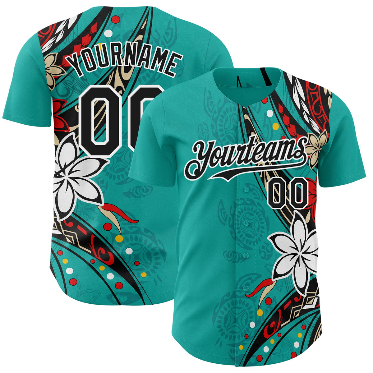 Custom Teal Black-White Hawaii Flower Authentic Baseball Jersey