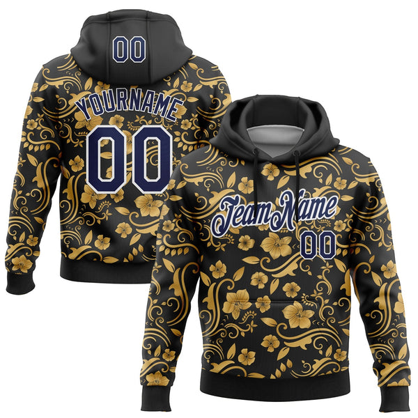 Custom Stitched Black Navy-White 3D Pattern Design Golden Subtle Floral Sports Pullover Sweatshirt Hoodie