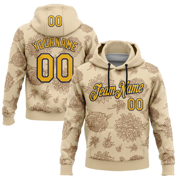 Custom Stitched City Cream Gold-Navy 3D Pattern Design Subtle Floral Sports Pullover Sweatshirt Hoodie