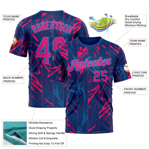 Custom Blue Hot Pink Red-Powder Blue 3D Pattern Design Abstract Splash Stripe Sportswear Performance T-Shirt alternate