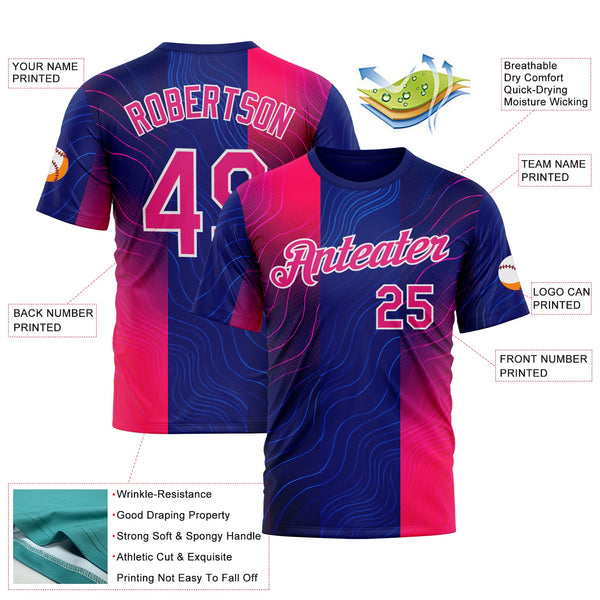 Custom Blue Hot Pink Red-White 3D Pattern Design Neon Stripe Sportswear Performance T-Shirt alternate