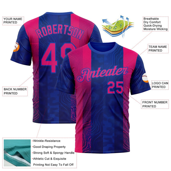 Custom Blue Hot Pink Red-Thunder Blue 3D Pattern Design Neon Stripe Sportswear Performance T-Shirt alternate
