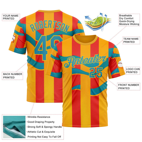 Custom Yellow Panther Blue-Red 3D Pattern Design Color Block Stripe Sportswear Performance T-Shirt alternate