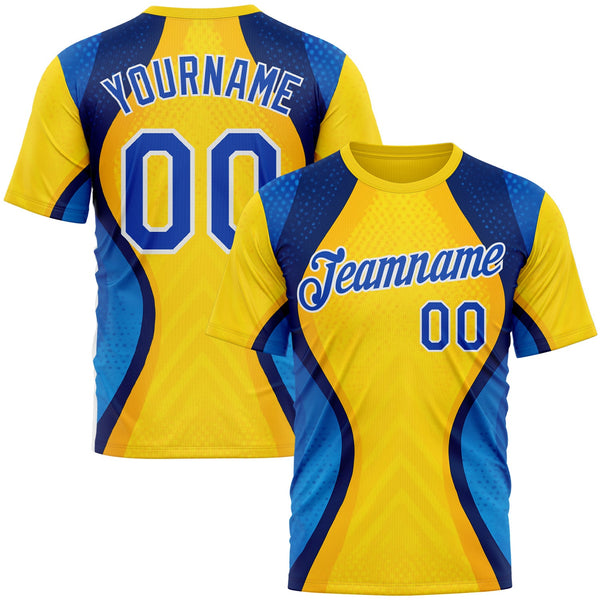 Custom Yellow Thunder Blue Blue-White 3D Pattern Design Brazil Color Block Sportswear Performance T-Shirt